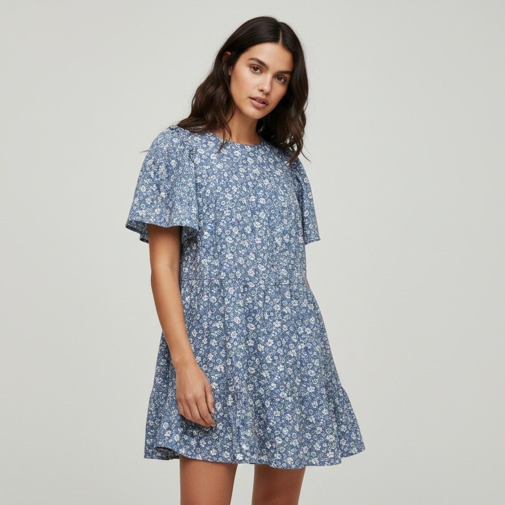 Hyacinth House Blue Floral Tiered Mini Dress Ruffle Short Sleeve Size Medium